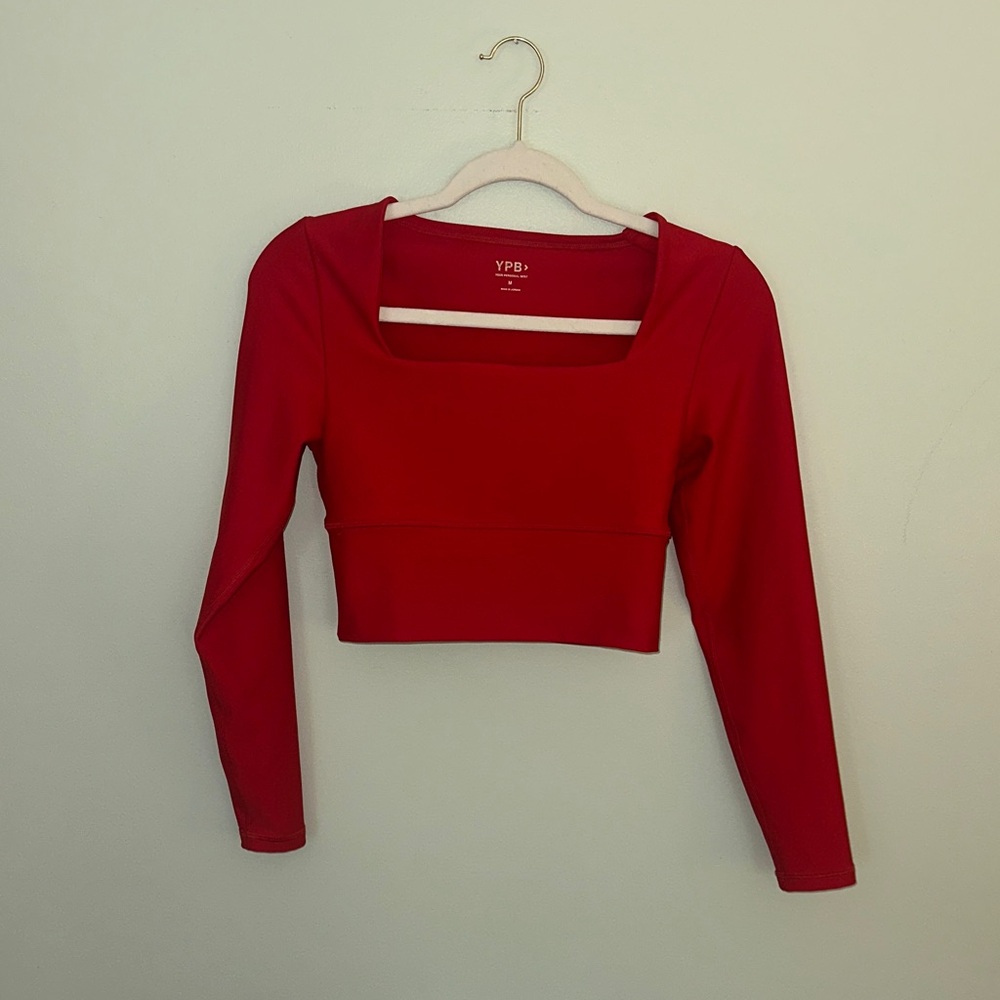 YPB Red Square-Neck Long Sleeve Crop Top